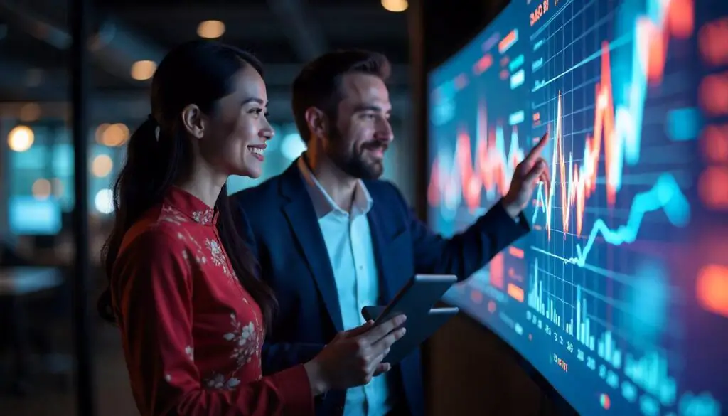 Grupo de investidores sorrindo enquanto analisa gráficos financeiros em uma tela