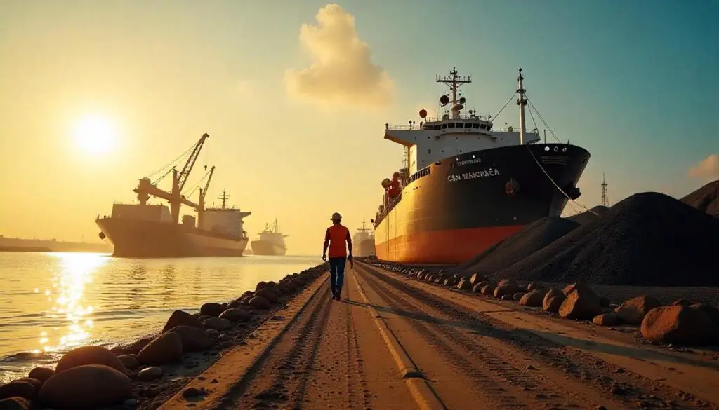 Porto de Itaguaí com navios carregando minério de ferro da CSN Mineração